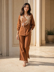 Brown Co-ord Set with Functional Button Placket & Floral Vest Detail in Cotton Flex