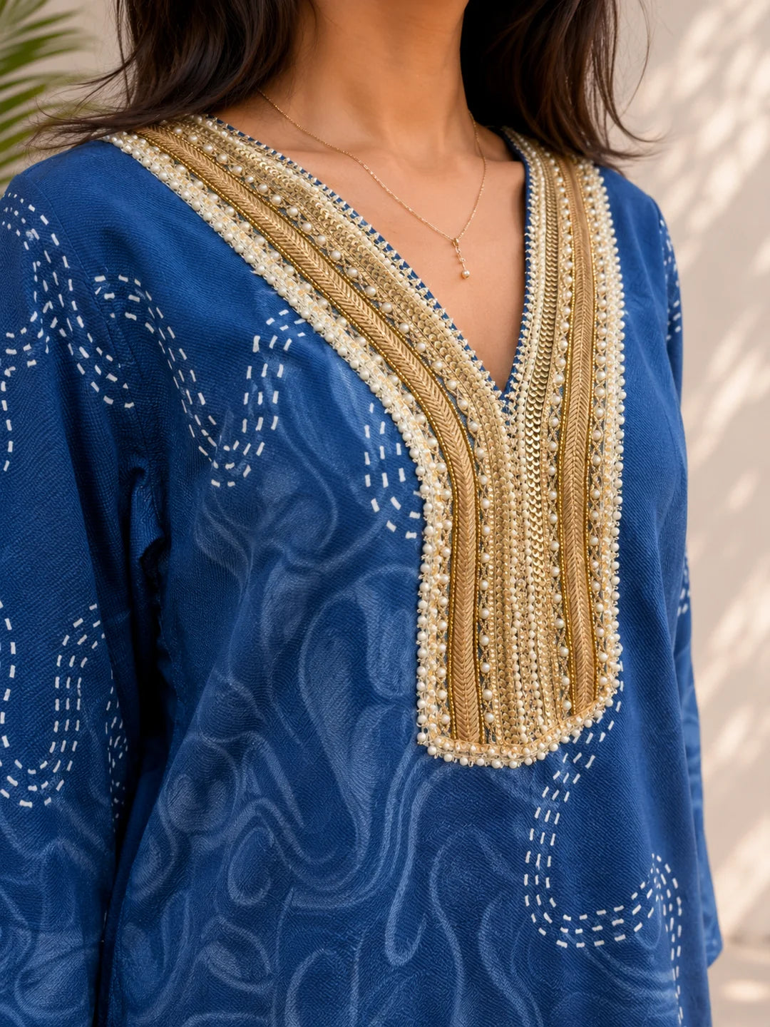 Blue Kurta Set with Floral & Abstract Print in Muslin Silk