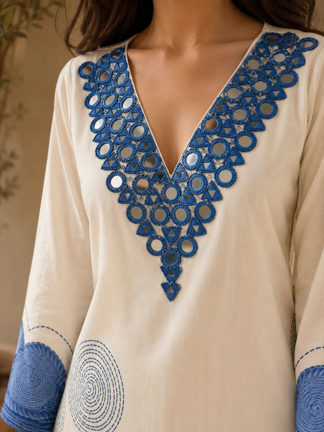 White and Blue Kurta Set with Abstract Denim Print in Muslin Silk