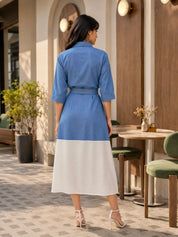 Blue & White A-Line Shirt Dress with Fabric Belt & Floral Border in Cotton Linen
