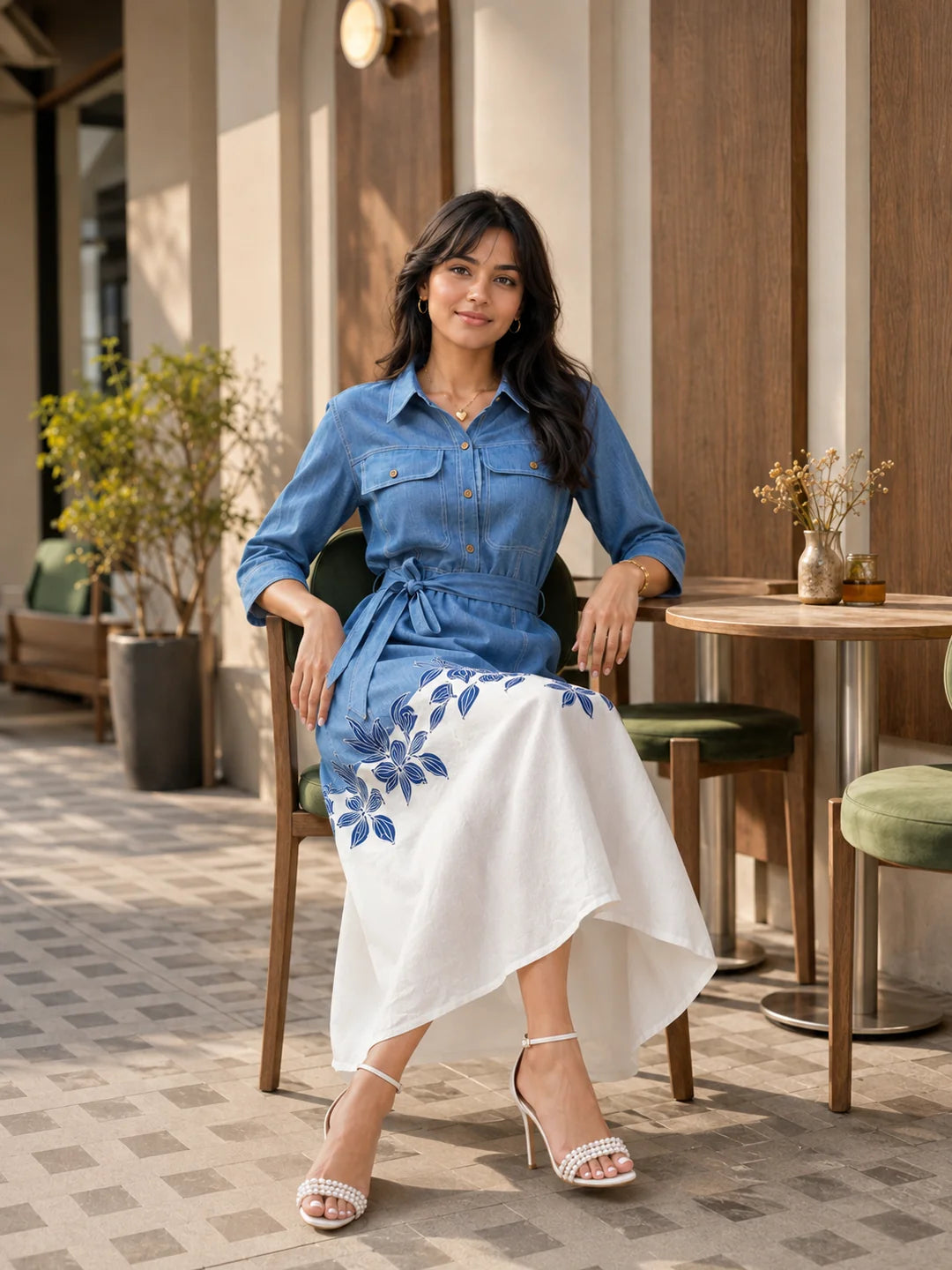 Blue & White A-Line Shirt Dress with Fabric Belt & Floral Border in Cotton Linen