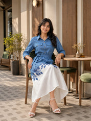 Blue & White A-Line Shirt Dress with Fabric Belt & Floral Border in Cotton Linen