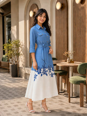 Blue & White A-Line Shirt Dress with Fabric Belt & Floral Border in Cotton Linen