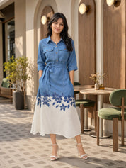 Blue & White A-Line Shirt Dress with Fabric Belt & Floral Border in Cotton Linen