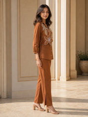 Brown Co-ord Set with Functional Button Placket & Floral Vest Detail in Cotton Flex