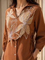Brown Co-ord Set with Functional Button Placket & Floral Vest Detail in Cotton Flex