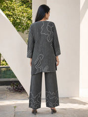 Dark Grey Kurta Set with Abstract Print in Muslin Silk