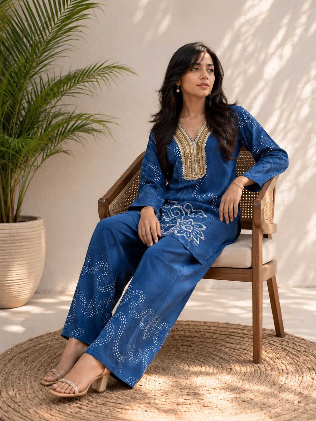 Blue Kurta Set with Floral & Abstract Print in Muslin Silk