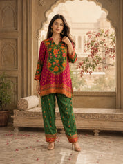Red & Green Floral Printed Co-ord Set in Muslin