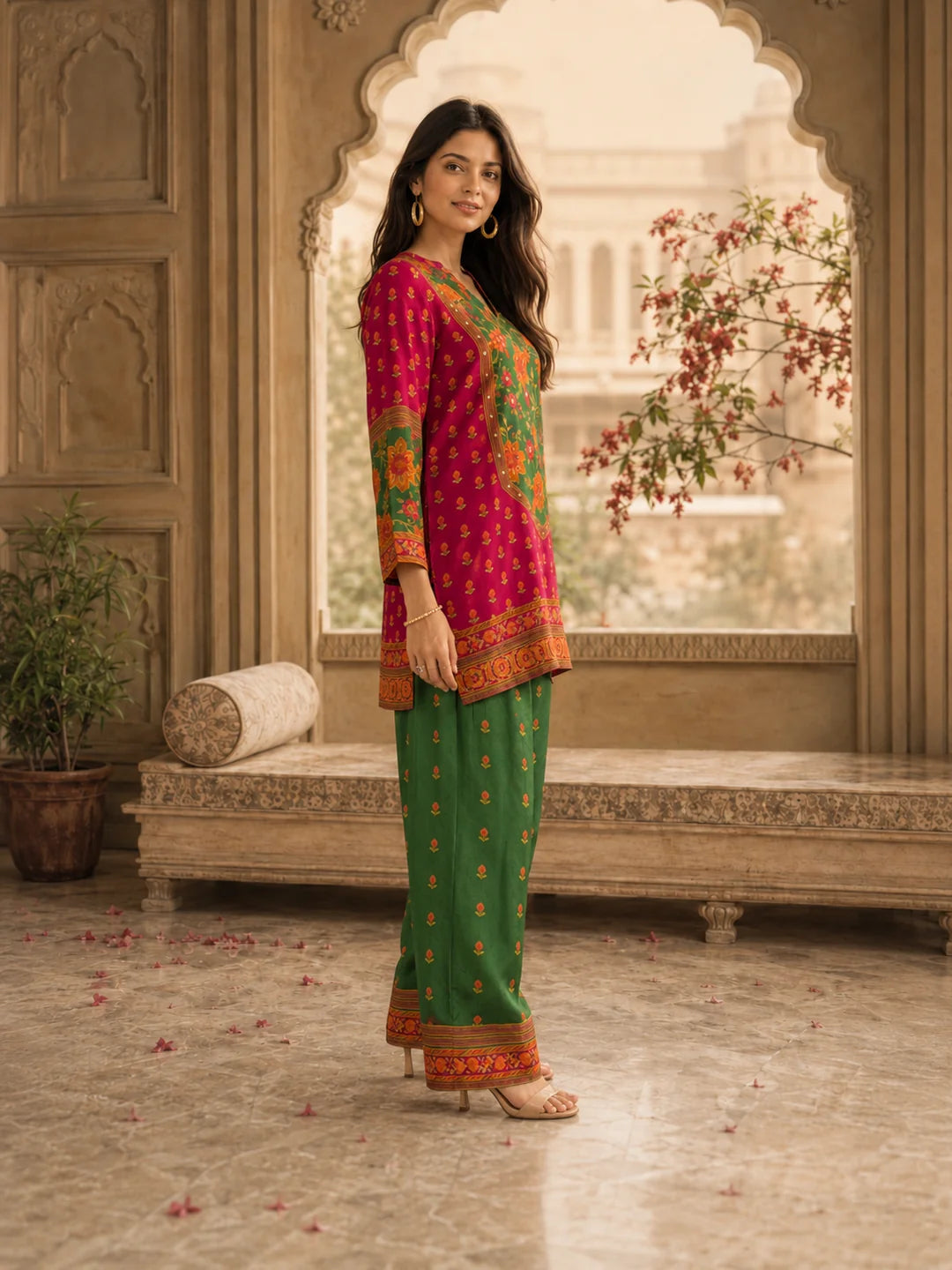 Red & Green Floral Printed Co-ord Set in Muslin