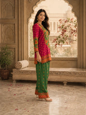 Red & Green Floral Printed Co-ord Set in Muslin