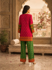 Red & Green Floral Printed Co-ord Set in Muslin