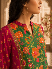 Red & Green Floral Printed Co-ord Set in Muslin