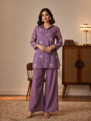 Lavender 3-Piece Co-ord Set with Decorative Placket & Wide-Leg Pants in Mul Chanderi