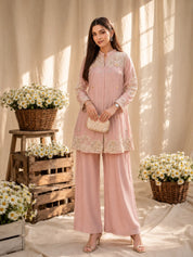 Soft Pink 2 Piece Co-ord Set with Ivory Floral Embroidery in Chinnon