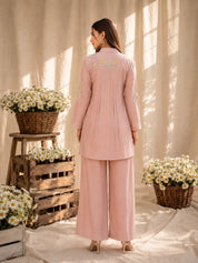 Soft Pink 2 Piece Co-ord Set with Ivory Floral Embroidery in Chinnon