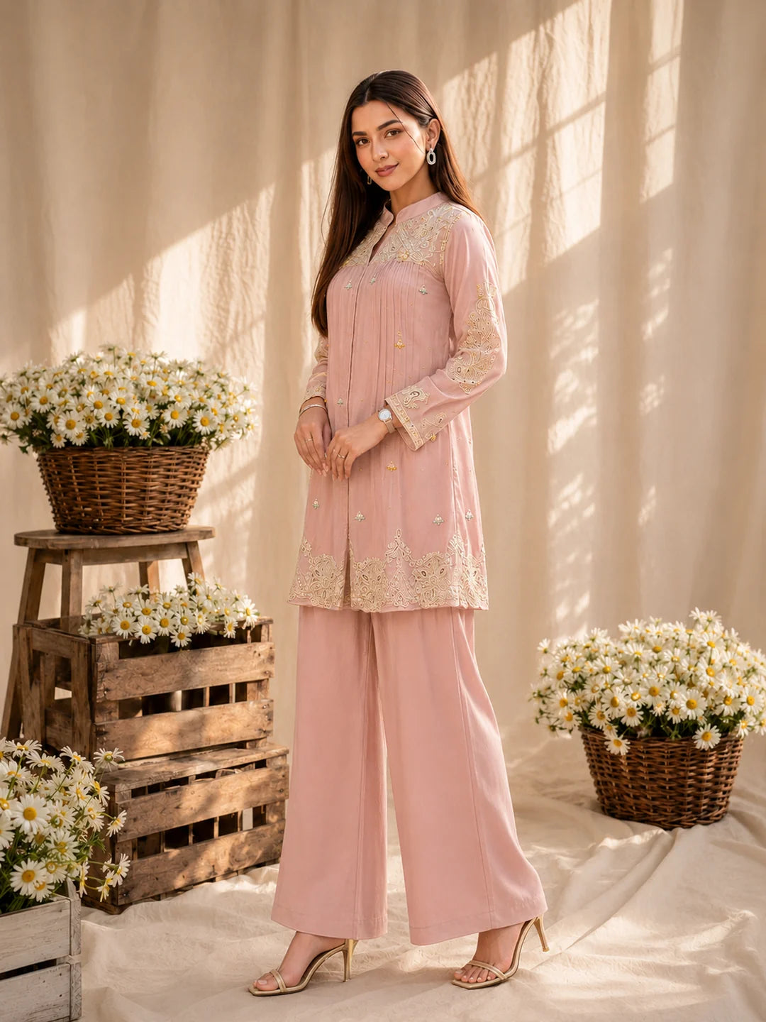 Soft Pink 2 Piece Co-ord Set with Ivory Floral Embroidery in Chinnon
