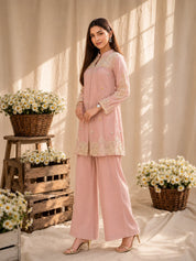 Soft Pink 2 Piece Co-ord Set with Ivory Floral Embroidery in Chinnon