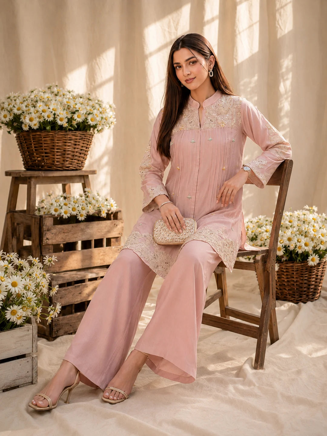 Soft Pink 2 Piece Co-ord Set with Ivory Floral Embroidery in Chinnon
