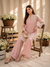 Soft Pink 2 Piece Co-ord Set with Ivory Floral Embroidery in Chinnon