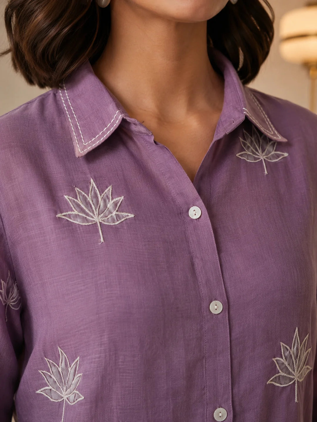 Lavender 3-Piece Co-ord Set with Decorative Placket & Wide-Leg Pants in Mul Chanderi