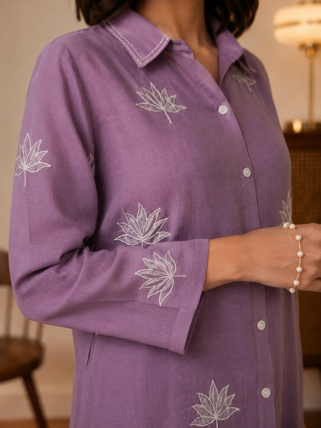 Lavender 3-Piece Co-ord Set with Decorative Placket & Wide-Leg Pants in Mul Chanderi