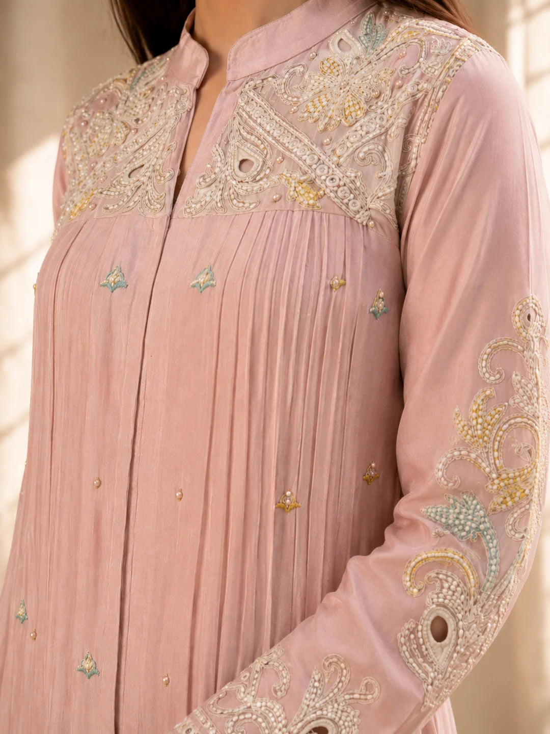 Soft Pink 2 Piece Co-ord Set with Ivory Floral Embroidery in Chinnon