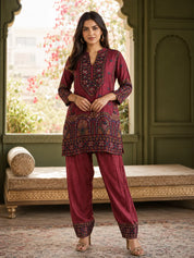 Maroon Printed Muslin Co-ord Set with Sequin-Embroidered Yoke & Farsi Pants