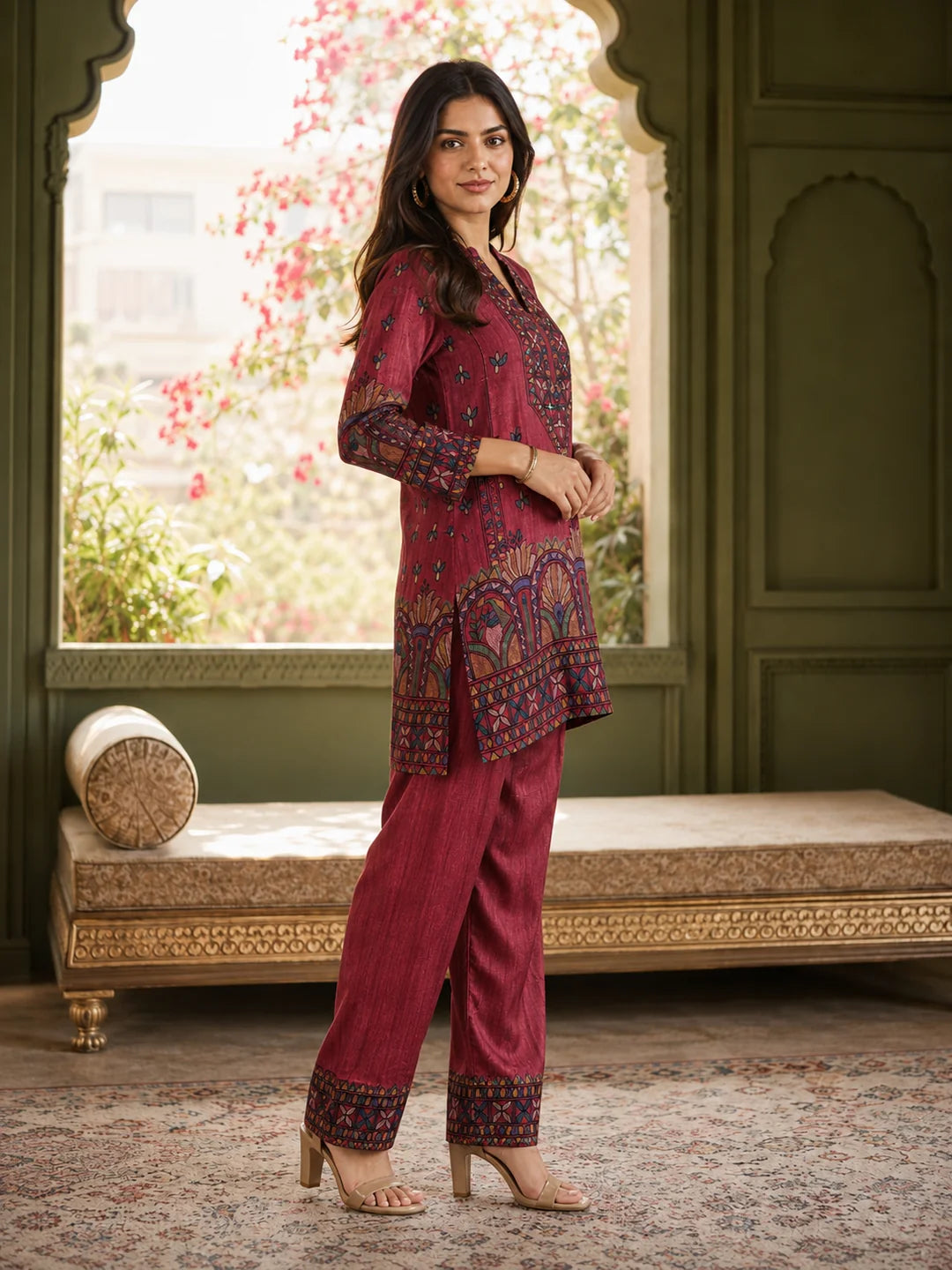 Maroon Printed Muslin Co-ord Set with Sequin-Embroidered Yoke & Farsi Pants
