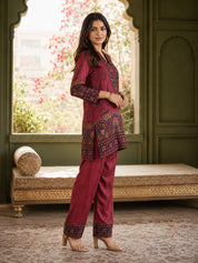 Maroon Printed Muslin Co-ord Set with Sequin-Embroidered Yoke & Farsi Pants