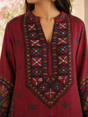 Maroon Printed Muslin Co-ord Set with Sequin-Embroidered Yoke & Farsi Pants
