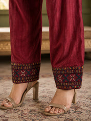 Maroon Printed Muslin Co-ord Set with Sequin-Embroidered Yoke & Farsi Pants
