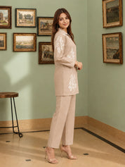 Beige 3-Piece Co-ord Set with Floral Embroidery in Mul Chanderi