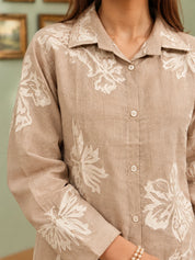 Beige 3-Piece Co-ord Set with Floral Embroidery in Mul Chanderi