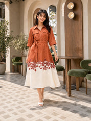 Orange & White A-Line Dress with Fabric Belt & Floral Border in Cotton Linen