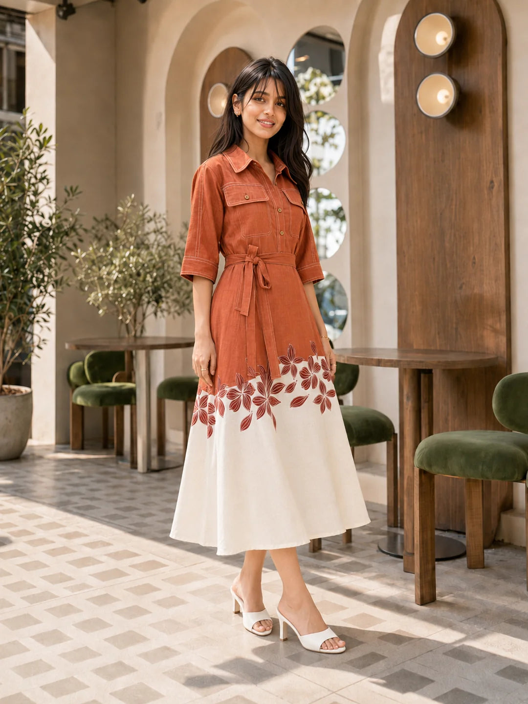 Orange & White A-Line Dress with Fabric Belt & Floral Border in Cotton Linen