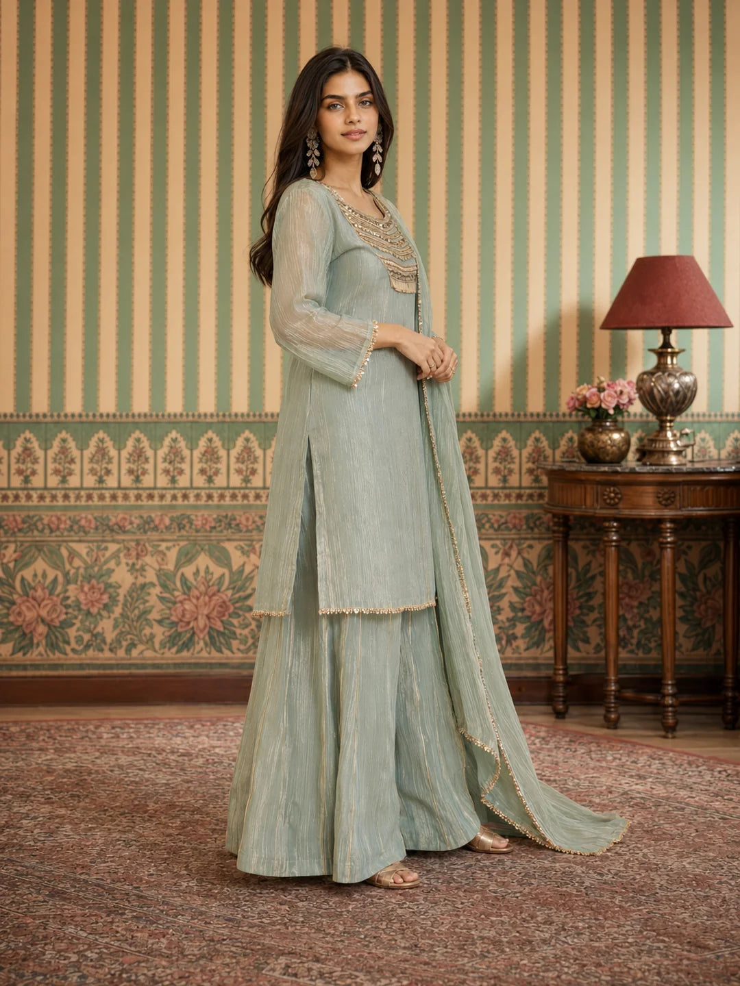 Sea Green 3 Piece Co-ord Set with Decorative Buttons in Crushed Tissue