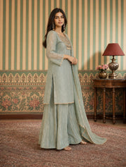 Sea Green 3 Piece Co-ord Set with Decorative Buttons in Crushed Tissue