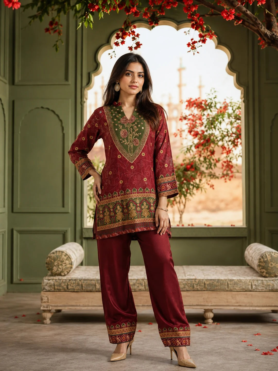 Maroon and Olive Co-ord Set with Sequin Embroidery & Farsi-Style Pants in Muslin