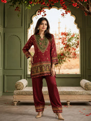 Maroon and Olive Co-ord Set with Sequin Embroidery & Farsi-Style Pants in Muslin