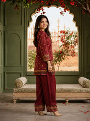 Maroon and Olive Co-ord Set with Sequin Embroidery & Farsi-Style Pants in Muslin