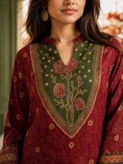 Maroon and Olive Co-ord Set with Sequin Embroidery & Farsi-Style Pants in Muslin