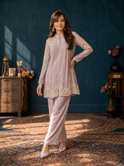 Soft Mauve 2 Piece Co-ord Set with Ivory Floral Embroidery in Chinnon