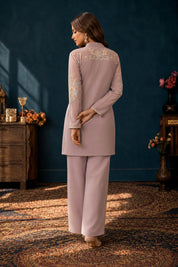 Soft Mauve 2 Piece Co-ord Set with Ivory Floral Embroidery in Chinnon