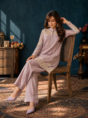 Soft Mauve 2 Piece Co-ord Set with Ivory Floral Embroidery in Chinnon