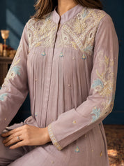 Soft Mauve 2 Piece Co-ord Set with Ivory Floral Embroidery in Chinnon