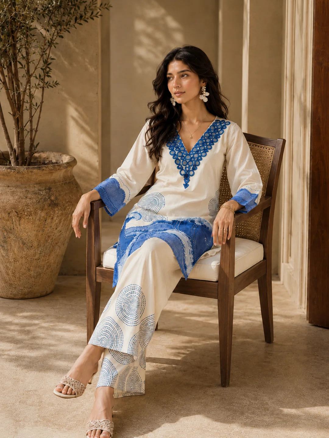 White and Blue Kurta Set with Abstract Denim Print in Muslin Silk
