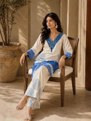 White and Blue Kurta Set with Abstract Denim Print in Muslin Silk