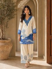White and Blue Kurta Set with Abstract Denim Print in Muslin Silk