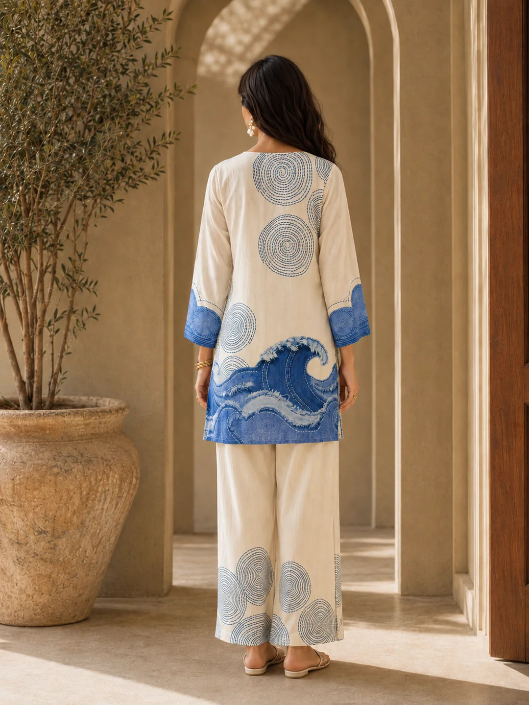 White and Blue Kurta Set with Abstract Denim Print in Muslin Silk